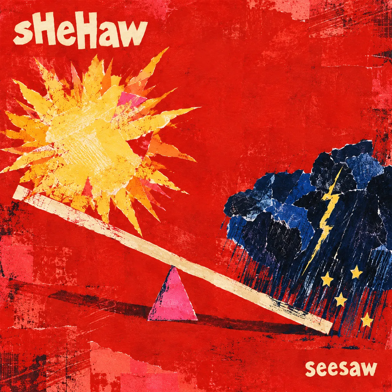 sHeHaw, seesaw. a torn yellow sun and an indigo storm balance on a seesaw against vermilion paper; stars fall through the rain.
