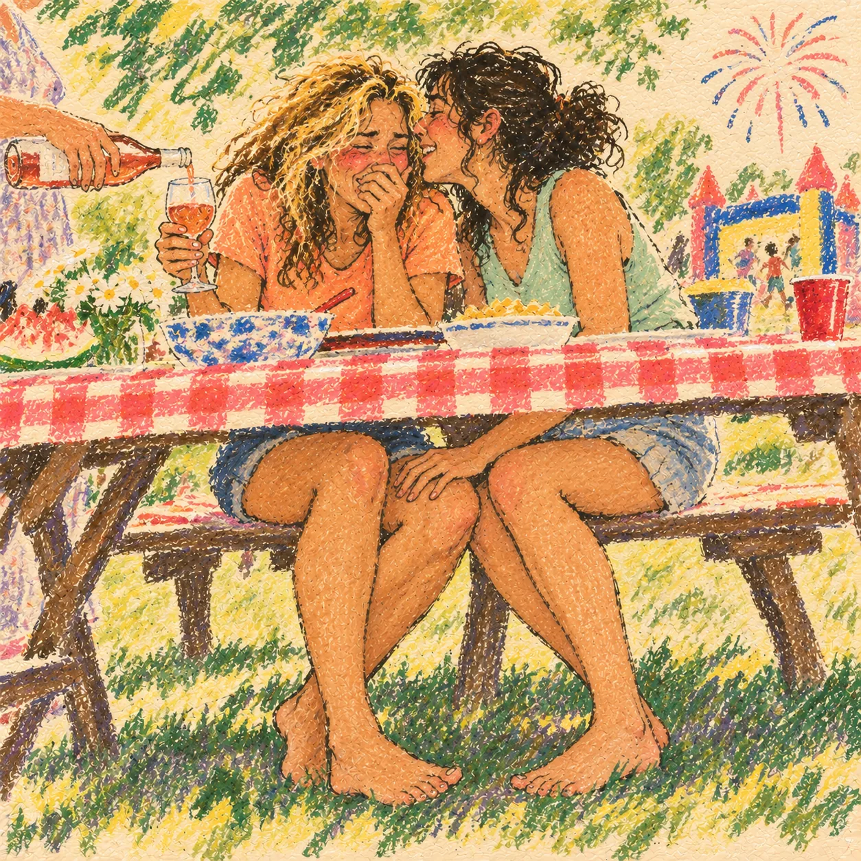 a woman stifles a laugh as her girlfriend whispers and touches her knee secretly beneath a family picnic table at a fourth of july party.