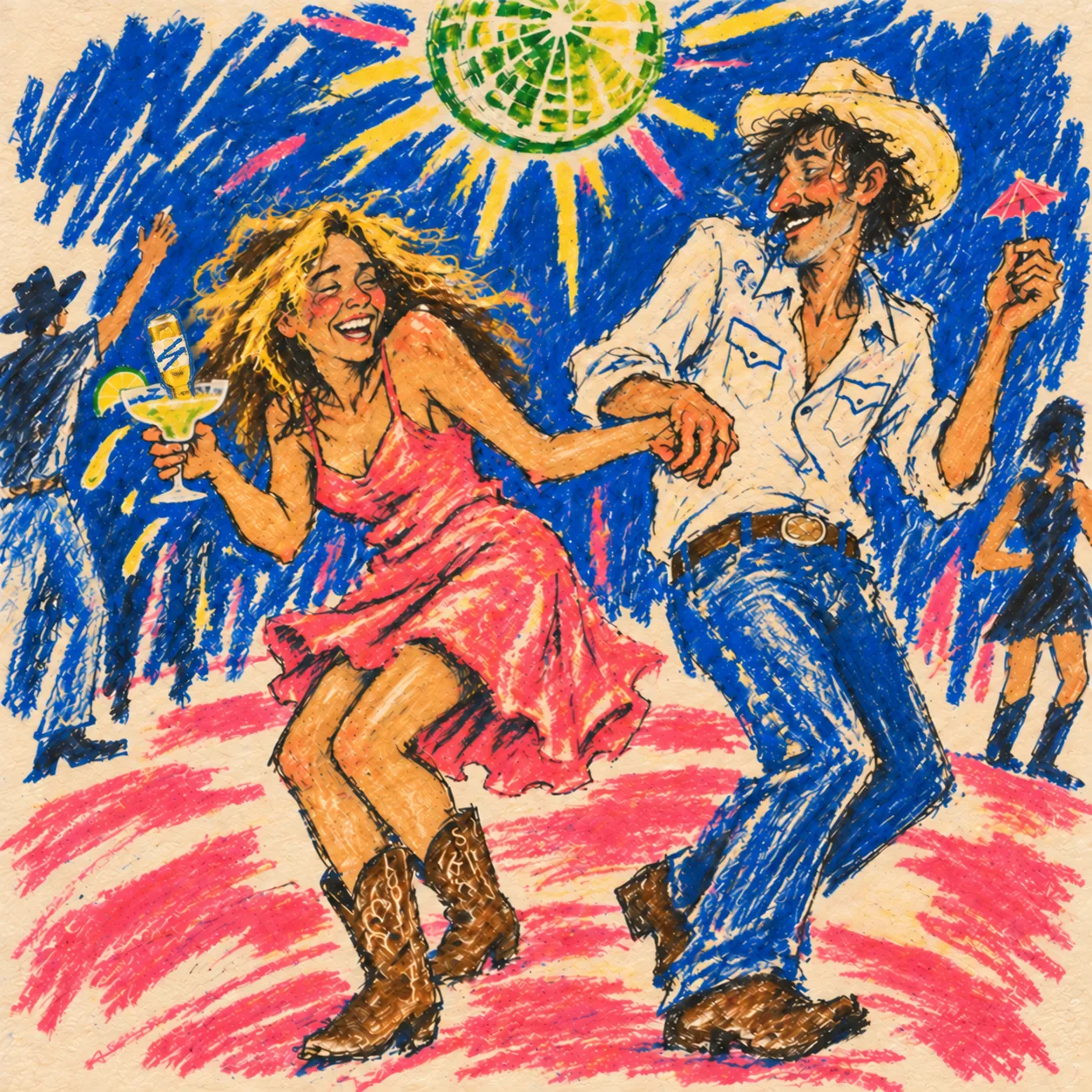 a laughing woman dances off balance with a cowboy beneath a lime-slice disco ball. she has his drink; he is left holding its little umbrella.