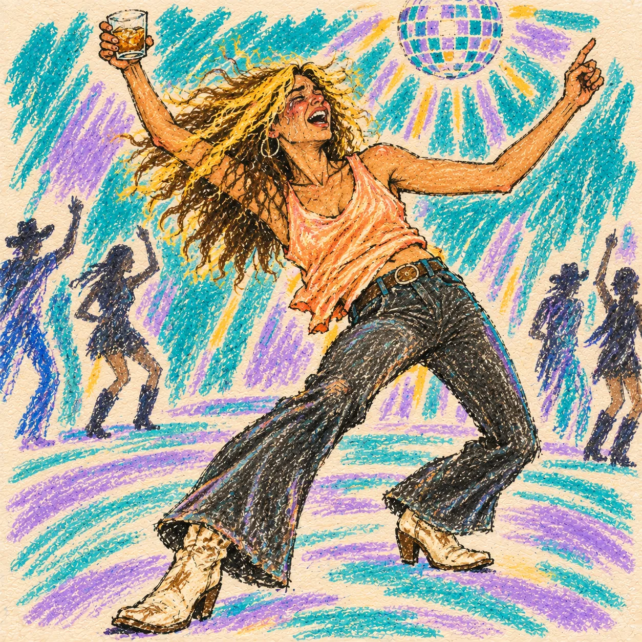 a woman throws herself into a solo dance, arms wide, singing with tears in her face beneath loose turquoise and lilac disco marks.