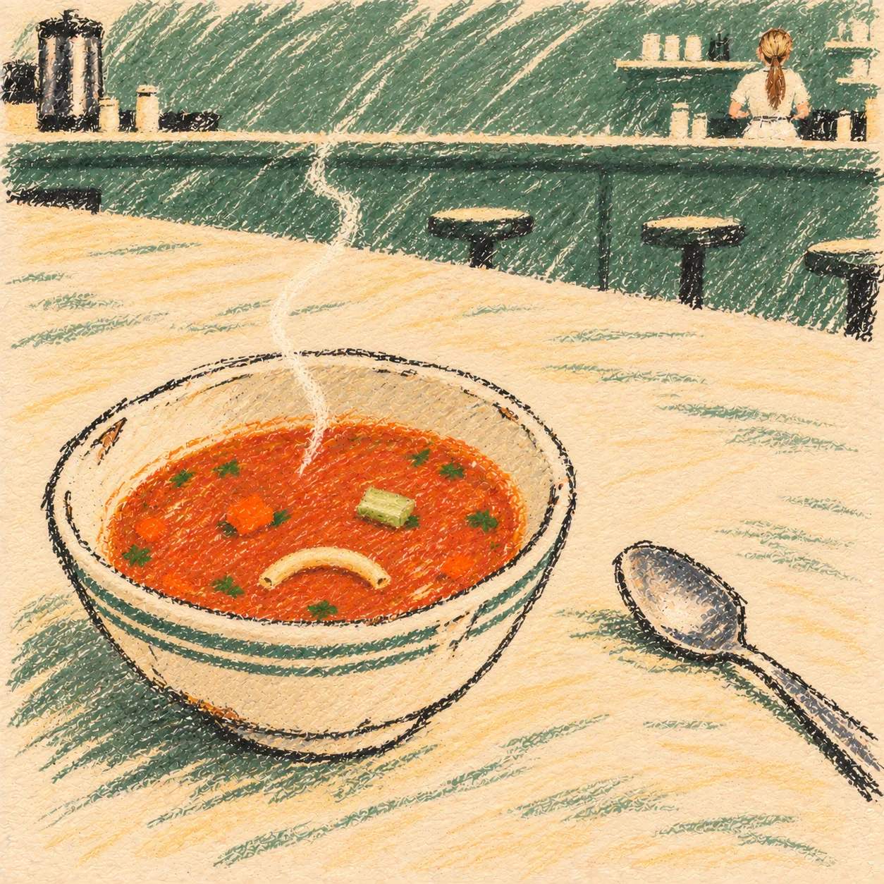 loose sage and tomato pencil marks draw a crooked bowl of sad soup on a lonely diner counter; far away, a blonde waitress with brown streaks has her back turned.